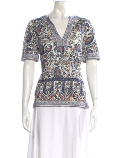 Pre-owned Tory Burch Linen Printed Top In Blue