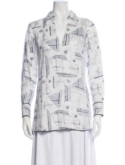 Pre-owned Tory Burch Linen Printed Top In White