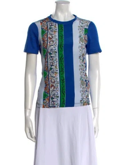 Pre-owned Tory Burch Linen Printed T-shirt In Blue