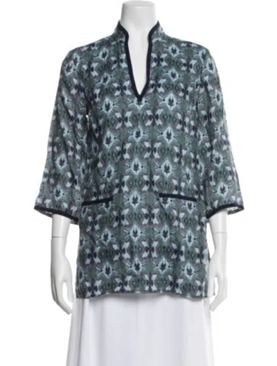 Pre-owned Tory Burch Linen Printed Tunic W/ Tags In Blue