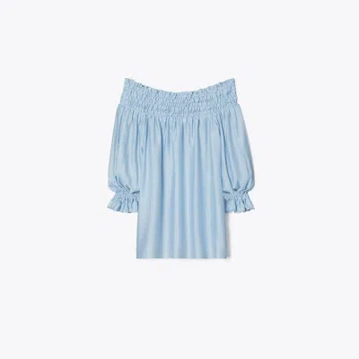 Tory Burch Linen Ruffle Top In Light Blue Sky