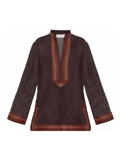 Tory Burch Linen Striped Tunic In Brown