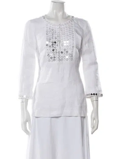 Pre-owned Tory Burch Linen V-neck Blouse In White