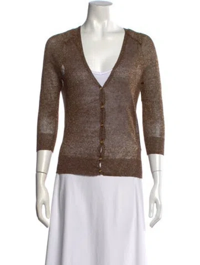 Pre-owned Tory Burch Linen V-neck Button-up Top In Metallic