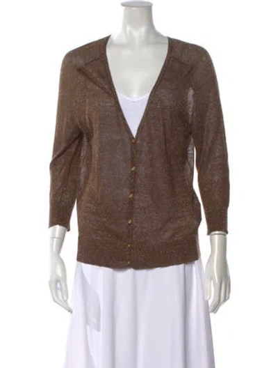 Pre-owned Tory Burch Linen V-neck Sweater In Brown/metallic