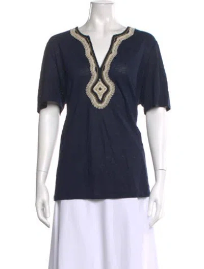 Pre-owned Tory Burch Linen V-neck T-shirt In Blue