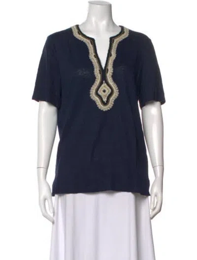 Pre-owned Tory Burch Linen V-neck T-shirt In Blue