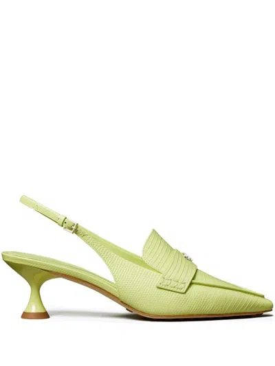 Tory Burch Lizard-effect Slingback 55m Leather Pumps In Green