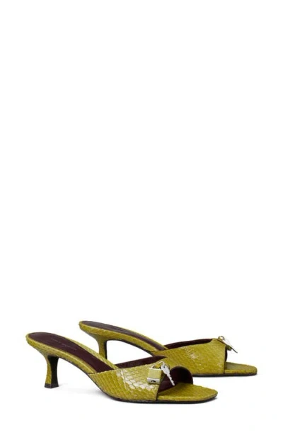 Tory Burch Lock Kitten Heel Sandal In Moss/merlot/silver
