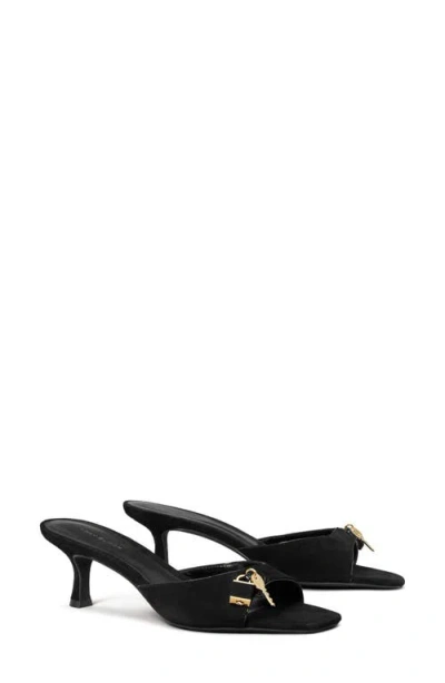 Tory Burch Lock Kitten Heel Sandal In Perfect Black/silver