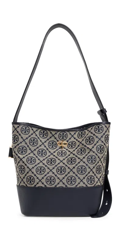 TORY BURCH LOCK T MONOGRAM SLIM MEDIUM BUCKET BAG TORY NAVY