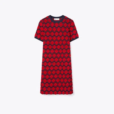 Tory Burch Logo Bouclé Dress In Maraschino Red/medium Navy