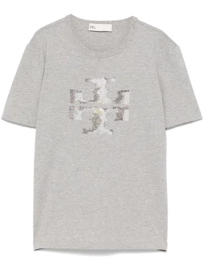 Tory Burch Logo Cotton T-shirt In Gray