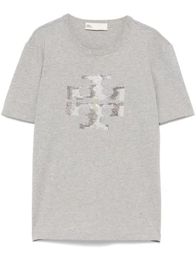 Tory Burch Logo Cotton T-shirt In Gray