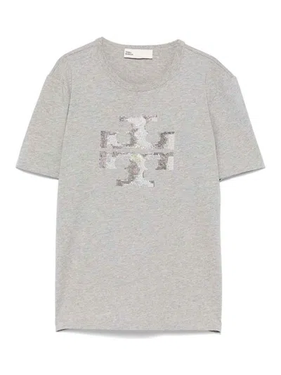 Tory Burch Logo Cotton T-shirt In Gray