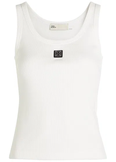 Tory Burch White Sleeveless Top With Round Neck And Logo Embroidery On The Front In Cotton Woman