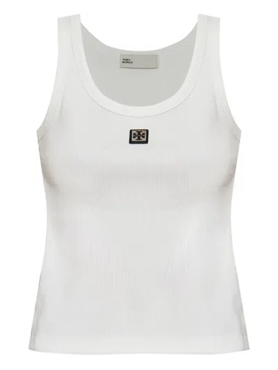 Tory Burch White Sleeveless Top With Round Neck And Logo Embroidery On The Front In Cotton Woman