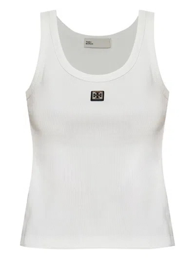 Tory Burch White Sleeveless Top With Round Neck And Logo Embroidery On The Front In Cotton Woman