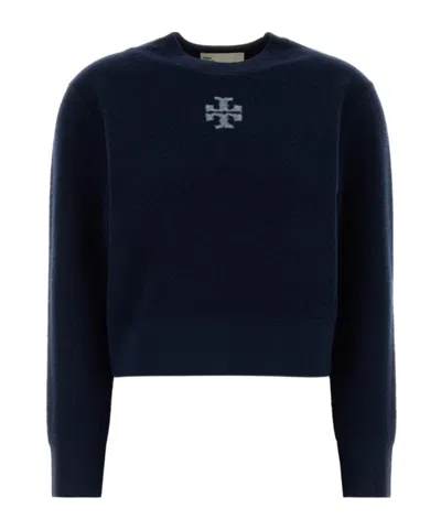 Tory Burch Logo Crew Knitted Sweater In Blue