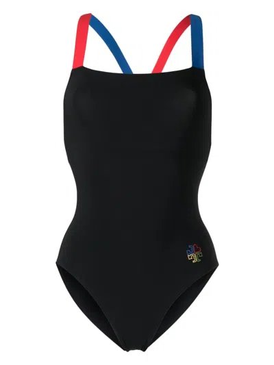 Tory Burch Logo-detail Colorblocked Swimsuit In Black