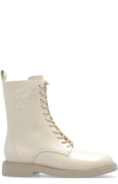 Tory Burch Logo-embossed Leather Boots In Beige