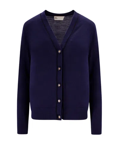 Tory Burch Logo-embossed Buttons V-neck Cardigan In Blue