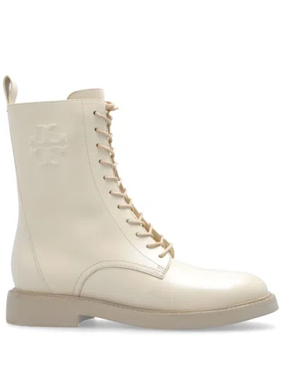 Tory Burch Logo-embossed Leather Boots In Beige