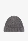 Tory Burch Logo Embroidered Ribbed Cashmere Beanie In Gray