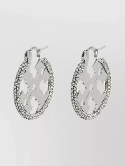 Tory Burch Logo Hoop Earrings Crystal Embellishments In Metallic