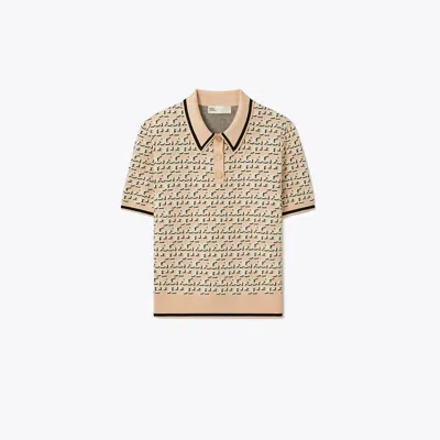 Tory Burch Logo Jacquard Polo Top In Apricot Blush T Logo