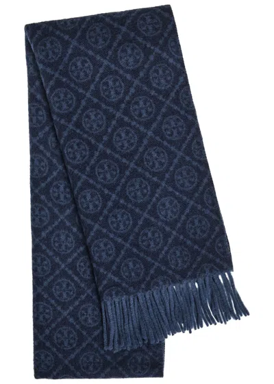Tory Burch Logo-monogrammed Wool And Cashmere-blend Scarf In Blue