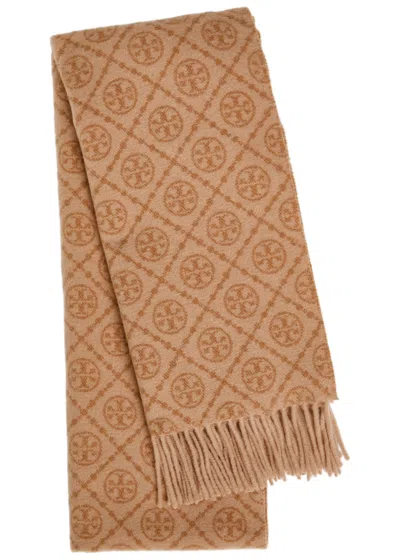 Tory Burch Logo-monogrammed Wool And Cashmere-blend Scarf In Brown