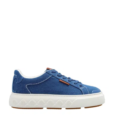 Tory Burch Logo-patch Lace-up Denim Sneakers In Blue