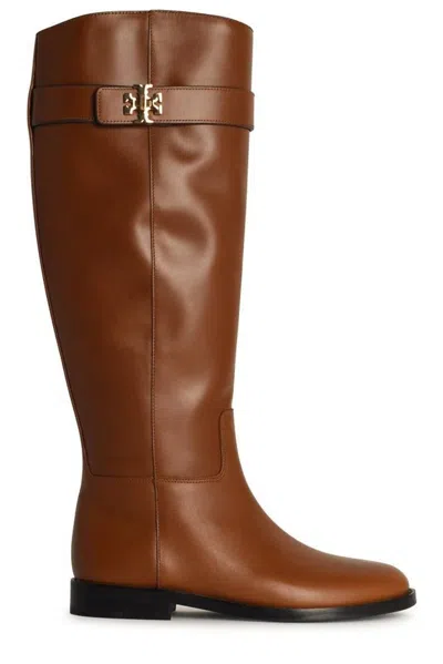 Tory Burch Logo Plaque Boots In Brown