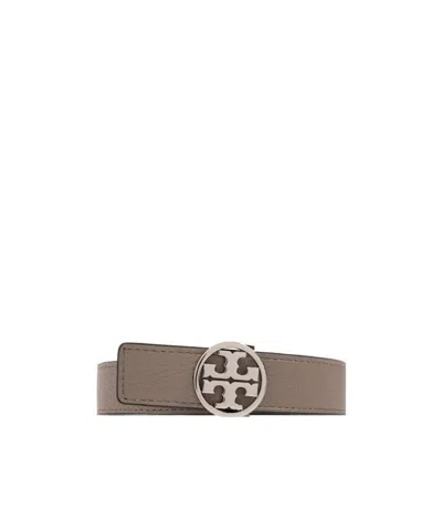 Tory Burch Logo-plaque Buckle Belt In Gray