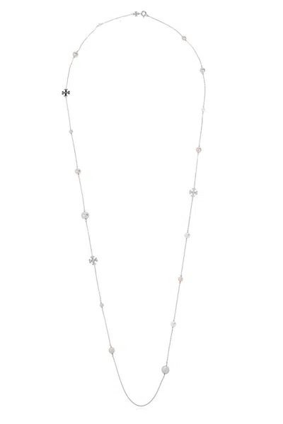 Tory Burch Kira Pearl Delicate Long Necklace In Silver