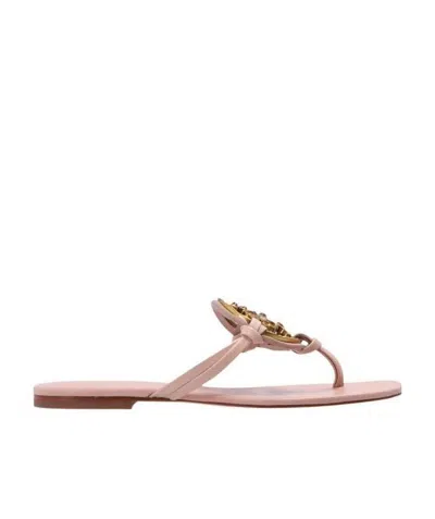 Tory Burch Logo-plaque Flat Sandals In Nude
