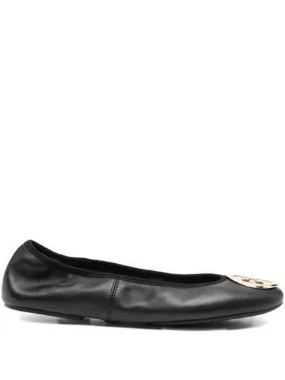 Tory Burch Logo-plaque Leather Ballet Flats In Black