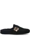 Tory Burch Mellow Logo Plaque Shearling Flat Mules In Black