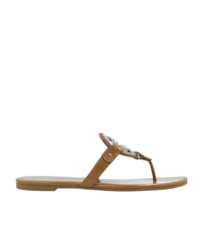 Tory Burch Logo-plaque Open-toe Slides In Brown