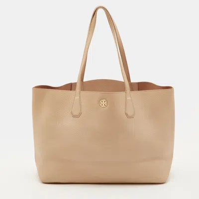 Pre-owned Tory Burch Logo Sand Beige Leather Shopper Tote