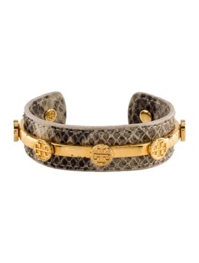 Pre-owned Tory Burch Logo Snakeskin Cuff Bracelet, 6.25" In Multi