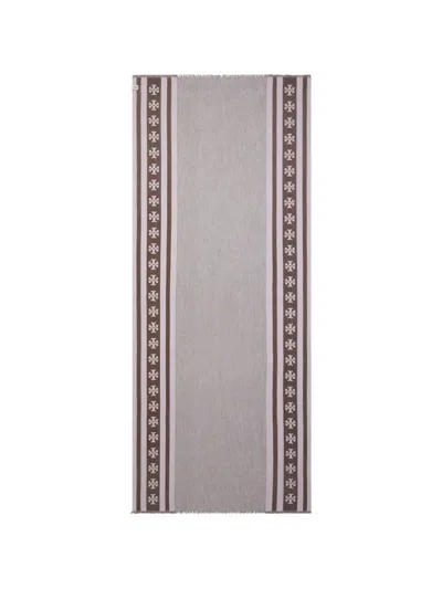 Tory Burch Logo Stripe Oblong Scarf In Gray