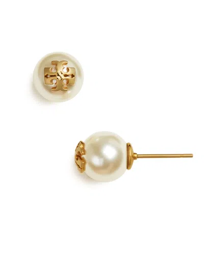 Tory Burch Swarovski Crystal Imitation Pearl Double Stud Earrings In Ivory