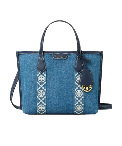 Tory Burch Logo-tape Denim Tote Bag In Blue