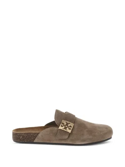 Tory Burch Logo-buckle Suede Mules In Brown