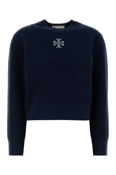 Tory Burch Logo-embroidered Wool Blend Sweater In Blue