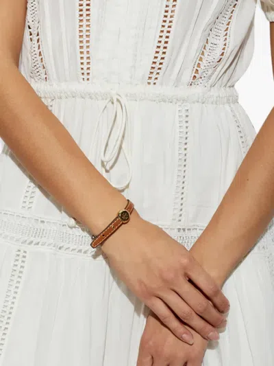 Tory Burch Logo-plaque Leather Bracelet In Brown