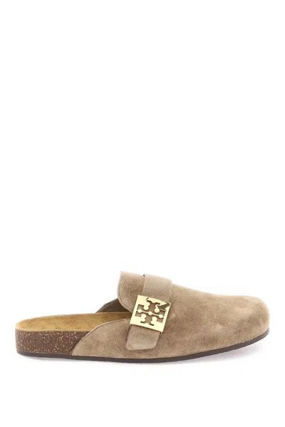 Tory Burch Logo-plaque Suede Mules In Nude