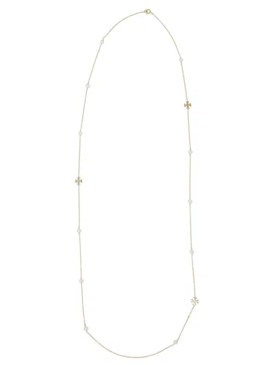 Tory Burch Long Kira Pearl Necklace With Floral Motifs In Multi